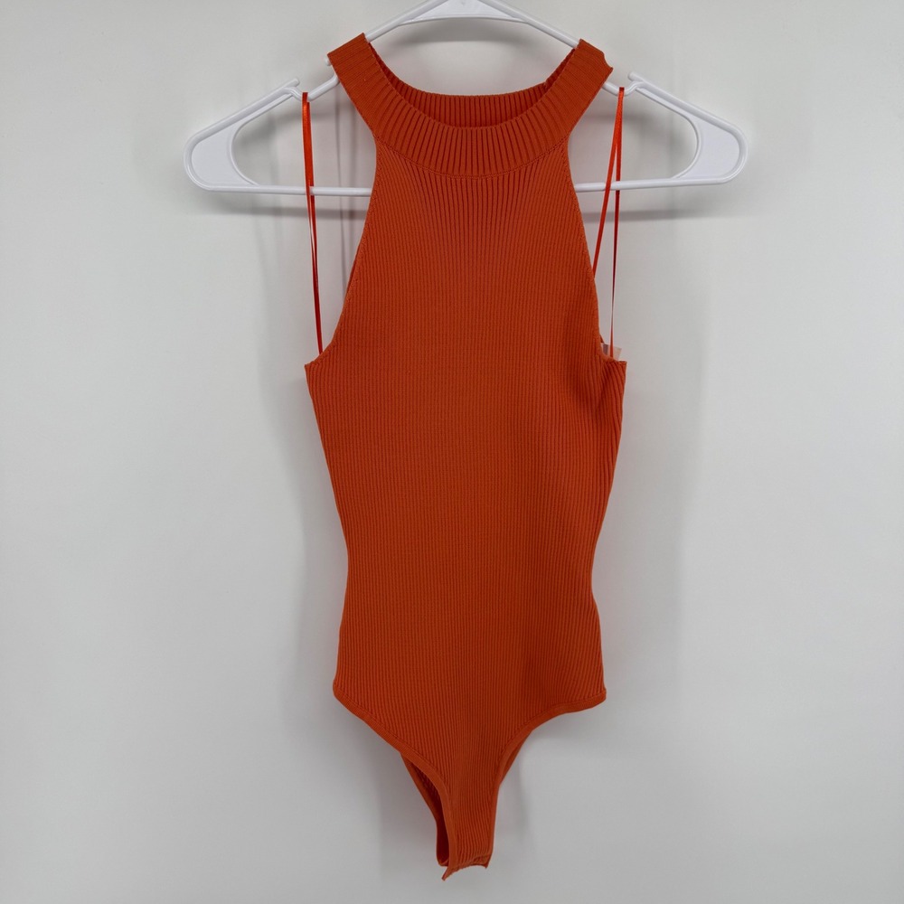 Happily Grey Womens Ribbed Knit High Neck Bodysuit Orange Size S New With Tags
